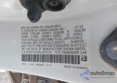 2020 Honda Civic Sport из США, поврежденный, VIN 2HGFC2F8XLH537079